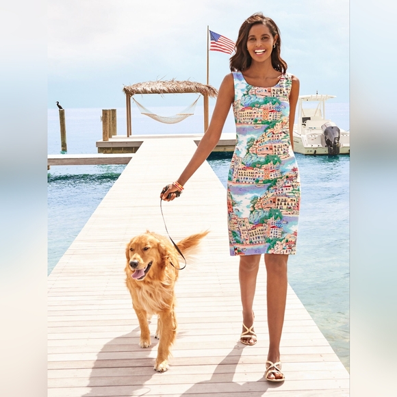 TALBOTS Multicolor Scenic Village Novelty Print Shift Dress Size 8 - Picture 2 of 10